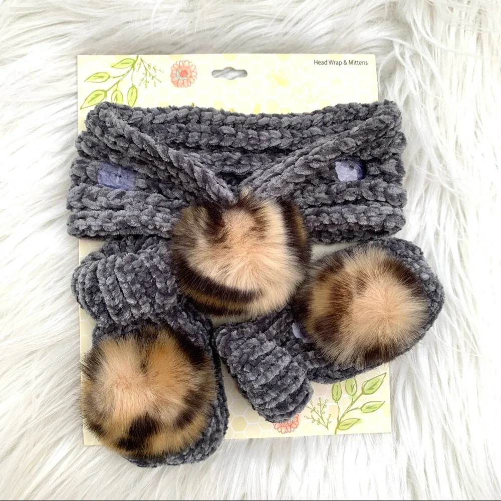 NWT Altar’d State Tullabee Gray Head Wrap & Mittens Set Infant Girl